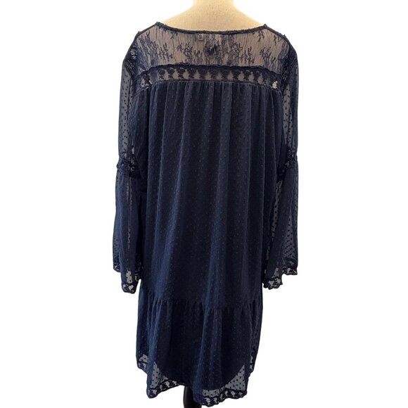 Navy Blue Sheer Lace Dress Sz 20 Bell Sleeves Tiered Lined JunaRose  Romantic - Picture 5 of 8